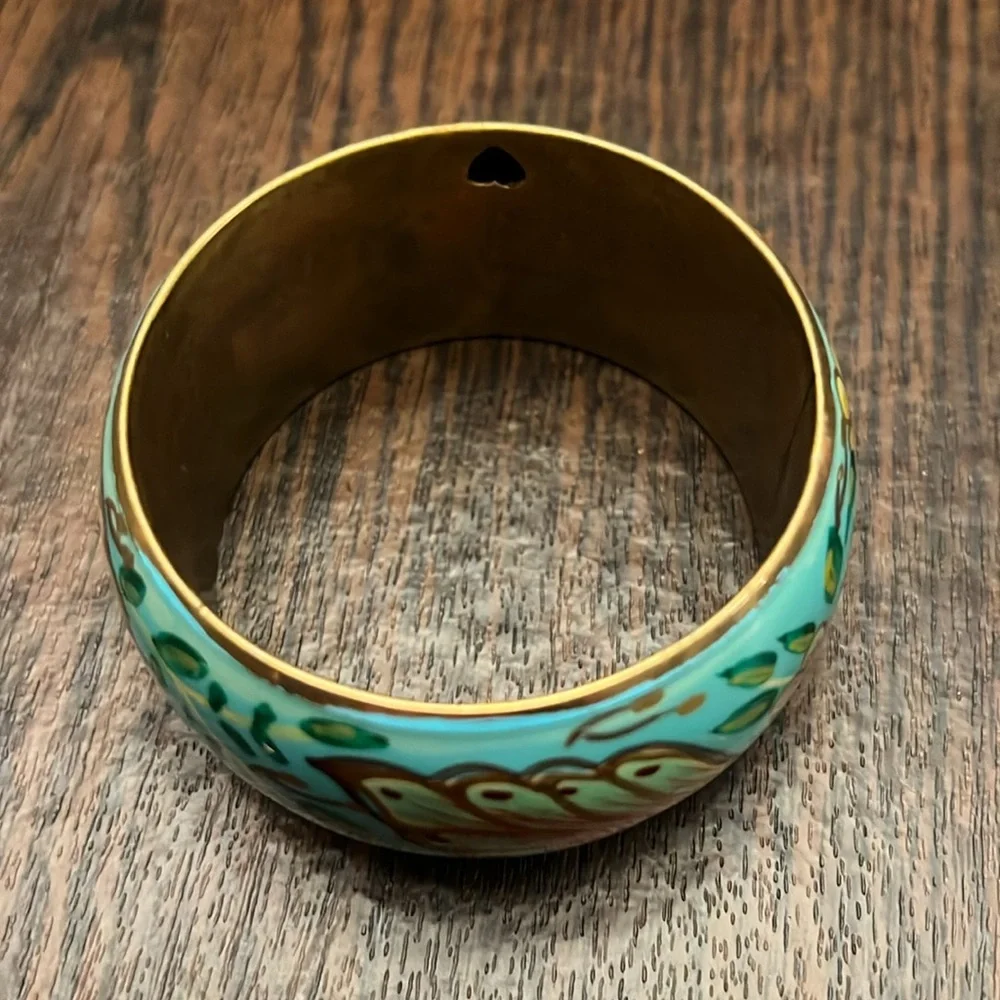 Teal and Gold Flower Bangle Bracelet - Picture 6 of 7